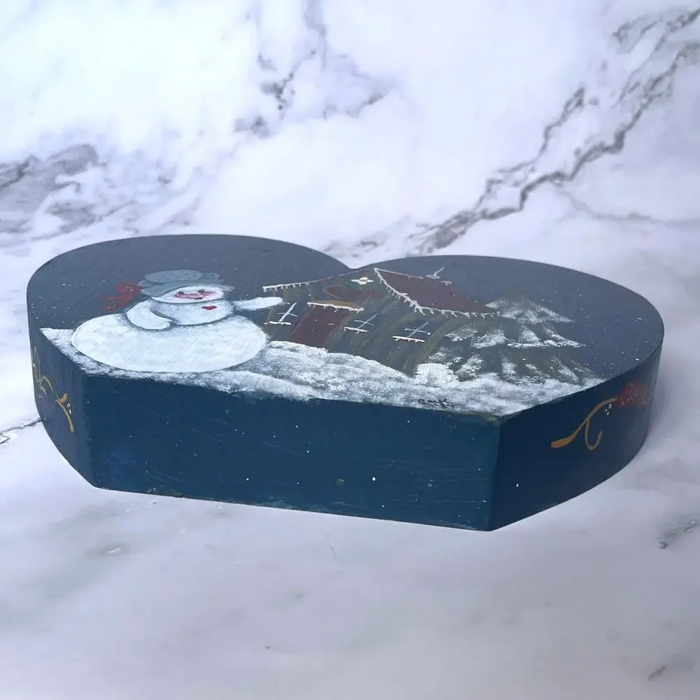 Vintage 1984 Hand Painted Wood Heart Snowman Taper Candle Holder Folk Art